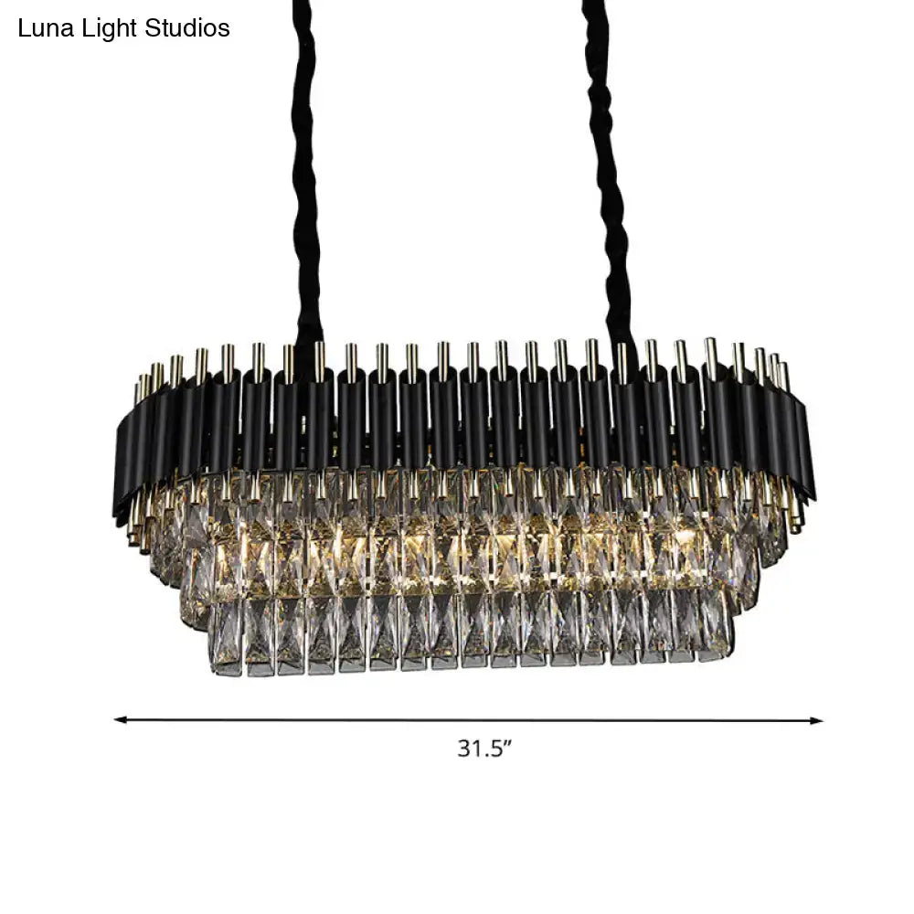 Modern tiered black and clear crystal ceiling light with gold accents designed for kitchen island illumination