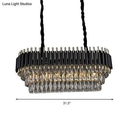 Modern tiered black and clear crystal ceiling light with gold accents designed for kitchen island illumination