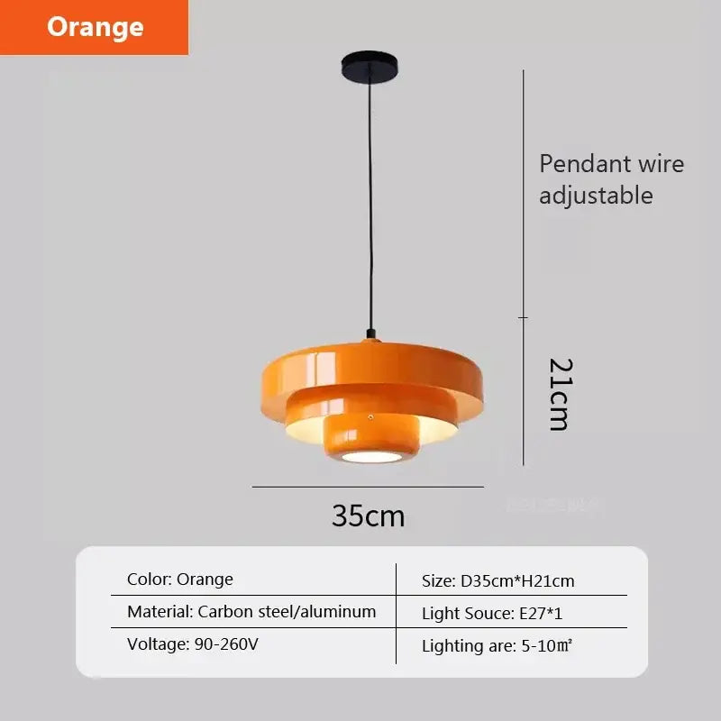 Orange pendant light with layered circular carbon steel and aluminum design for dining room decorbites dark green