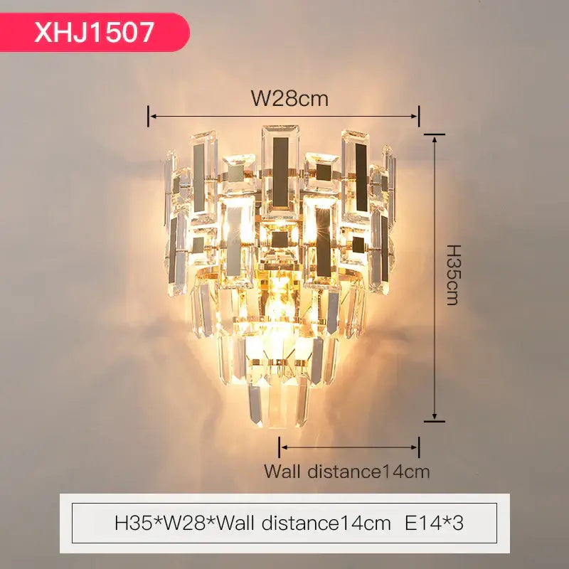 Modern tiered clear and dark crystal wall lamp with cascading black and clear glass pieces for elegant bedroom decorbites crystal wall lamp