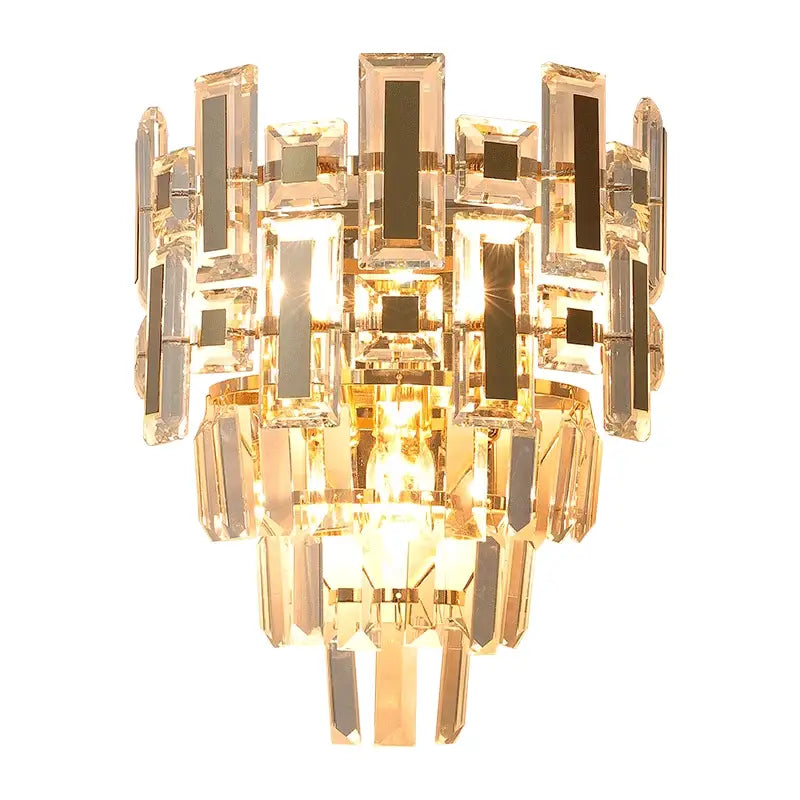 Modern tiered clear and dark crystal wall lamp with gold accents and rectangular prisms for elegant bedroom decorbites crystal wall use