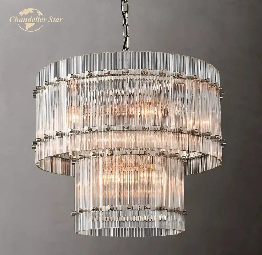 Modern tiered clear led glass chandelier with vertically ribbed glass rods and metallic frame for living room decorbites clear led