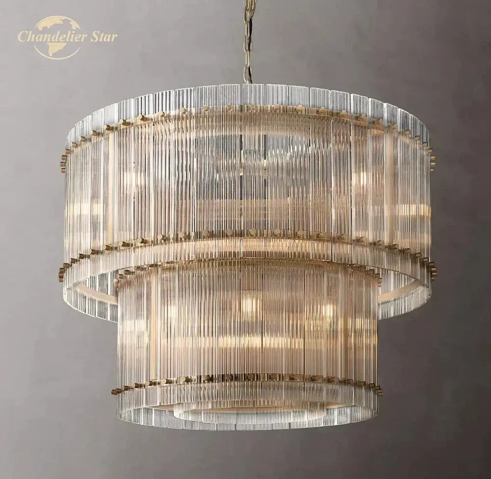 Modern tiered clear led glass chandelier with vertically ribbed glass rods and gold accents for living room decorbites clear led