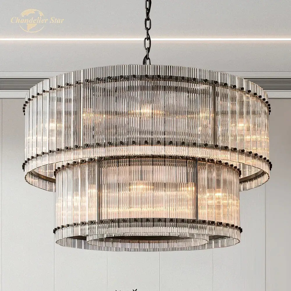 Modern tiered clear led glass chandelier with cascading rods and dark metal accents for living room decorbites clear led