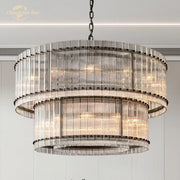 Modern tiered clear led glass chandelier with cascading rods and dark metal accents for living room decorbites clear led
