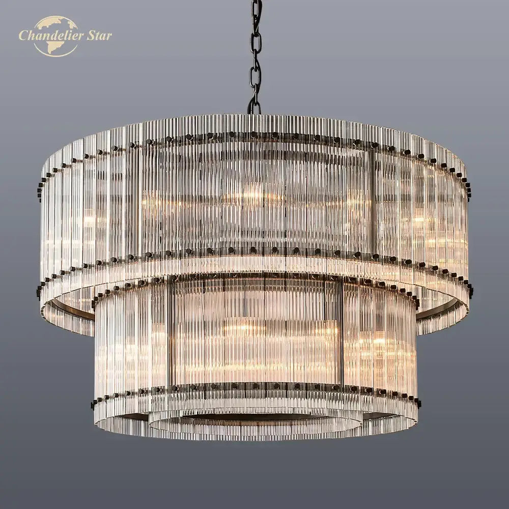 Modern tiered clear led glass chandelier with cascading rods and dark metal accents for living room decorbites clear led