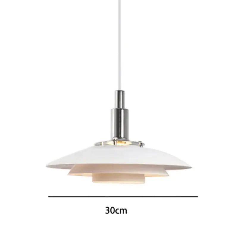 Modern white tiered hanging light with sleek chrome metal stem suspension lamp by decorbites danish designer