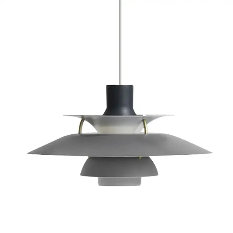 Gray layered metal hanging light with black stem and brass accents modern tiered suspension lamp by decorbites danish designer