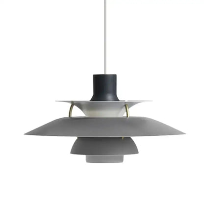 Gray layered metal hanging light with black stem and brass accents modern tiered suspension lamp by decorbites danish designer