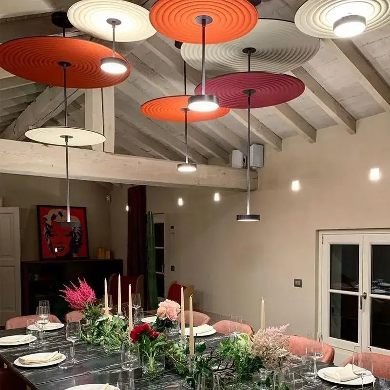 Modern tiered decorbites cotton round led pendant lights in orange red and white with concentric ring patterns for bedroom decor