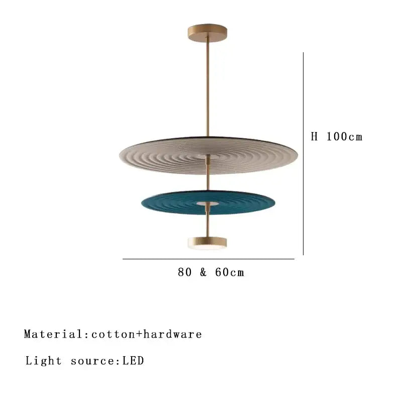 Modern tiered cotton round led pendant light with beige and teal concentric discs suspended by a brass rod for decorbites