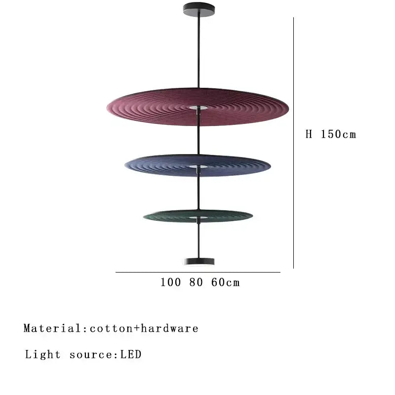 Modern tiered cotton round led pendant lights featuring three ripple-textured shades in burgundy navy blue and forest green