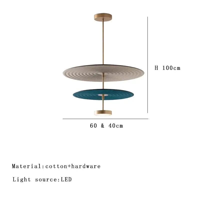 Modern tiered cotton round led pendant lights with beige and teal concentric discs and brass rod for bedroom decorbites decor