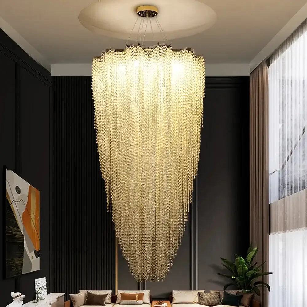 Modern tiered decorbites colorful crystal chandelier with golden cascading faceted beads for staircase decor