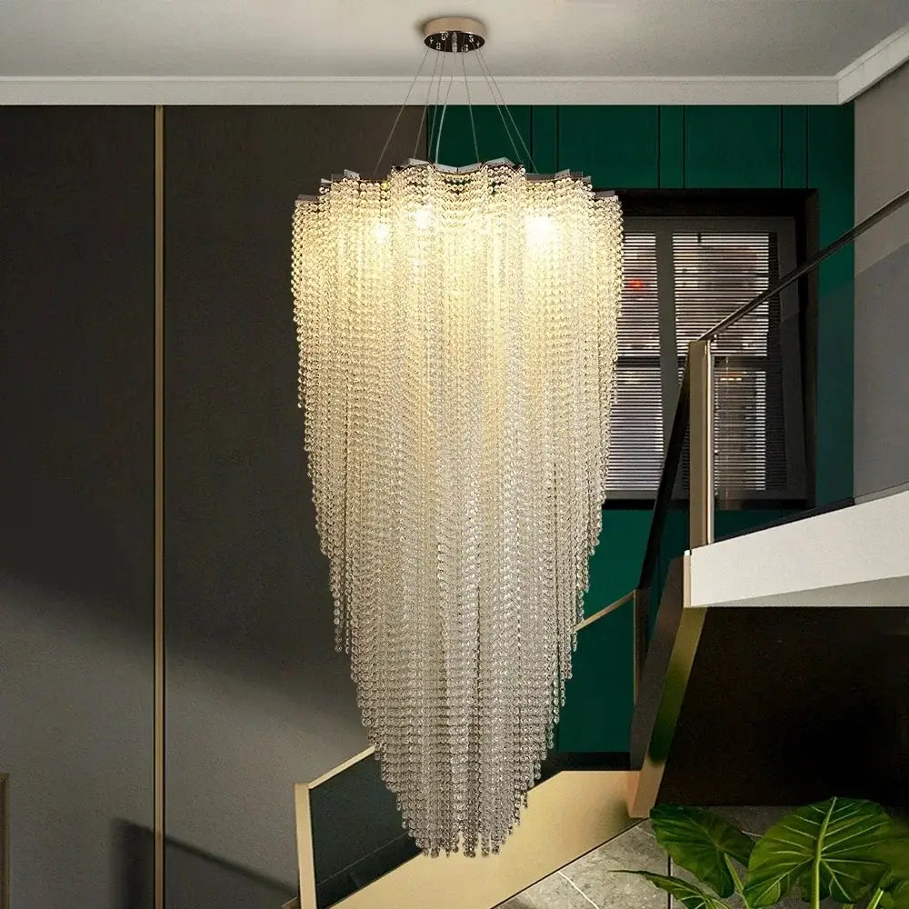 Modern tiered decorbites colorful crystal chandelier with clear crystal beads and metallic mount for staircase decor