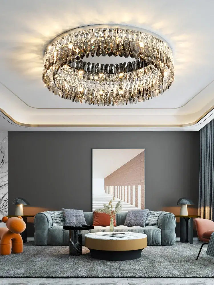 Modern tiered decorbites crystal chrome ceiling lamp with faceted crystals and embedded lights for living room