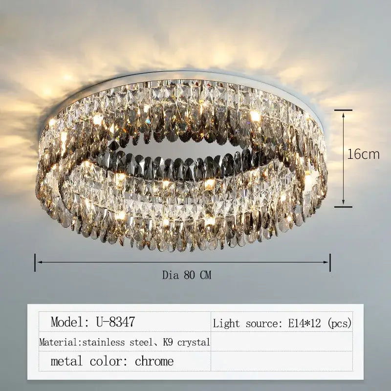 Modern tiered decorbites crystal chrome ceiling lamp with chrome finish and k9 crystal rings for living room lighting