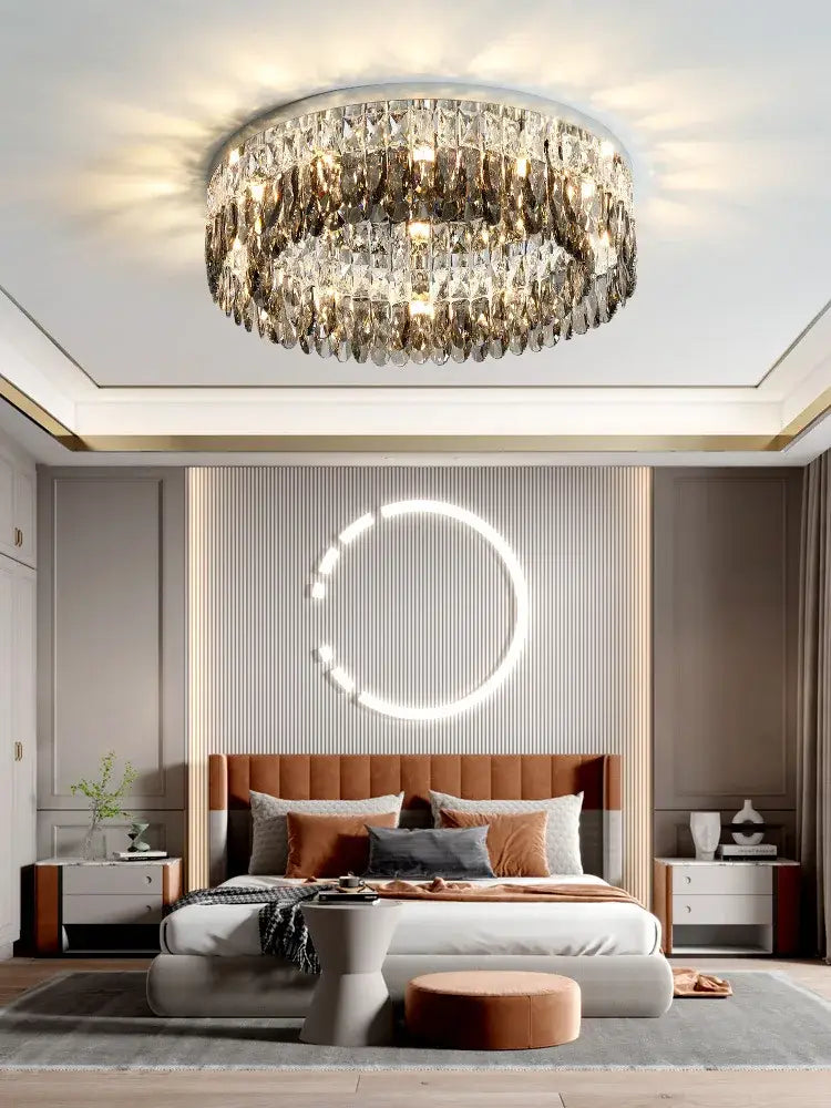 Modern tiered decorbites crystal chrome ceiling lamp with circular faceted crystals and metallic frame for living room