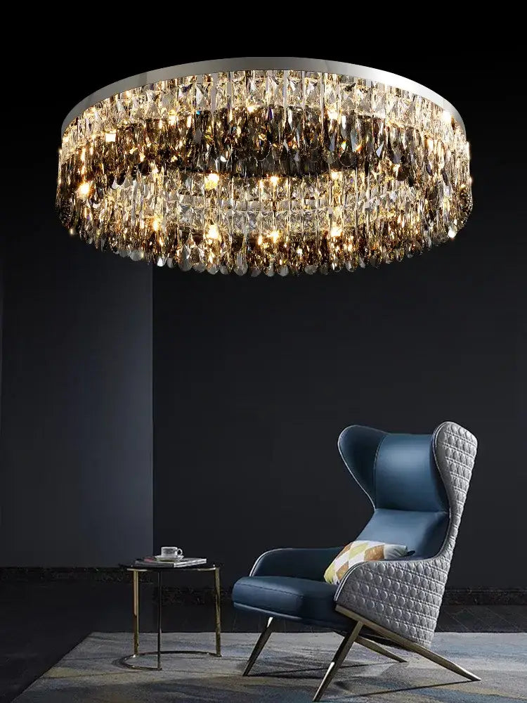 Modern tiered decorbites crystal chrome ceiling lamp with faceted crystal tiers and silver frame for living room lighting