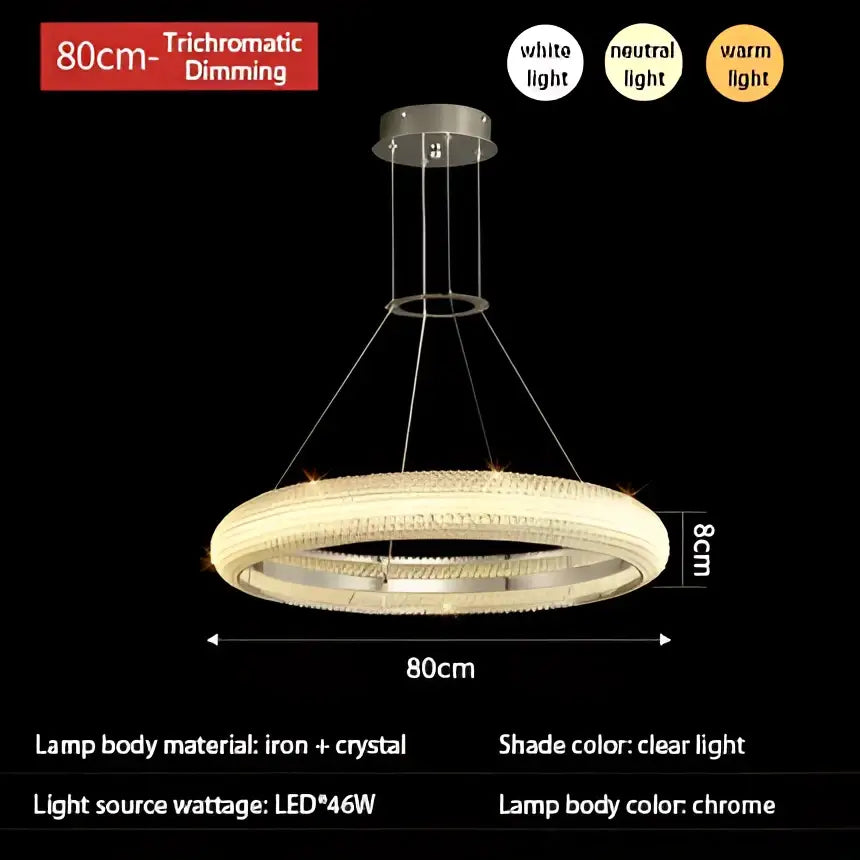 Modern tiered elegant chrome crystal chandelier with 80cm trichromatic dimmable ring featuring clear light decorbites elegant chrome