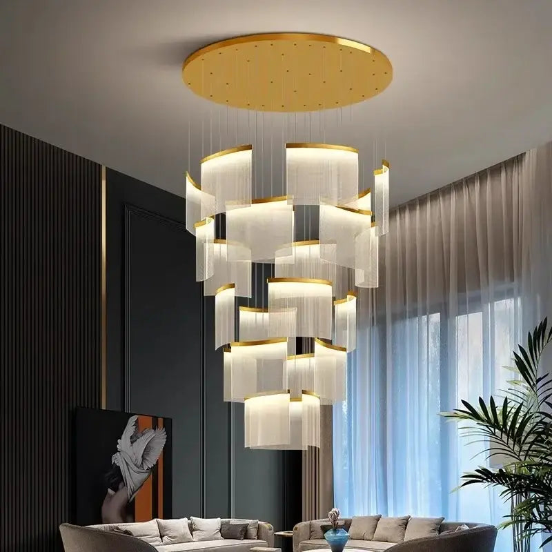 Modern tiered gold led ceiling chandelier with translucent white glass shades for elegant dining room lighting