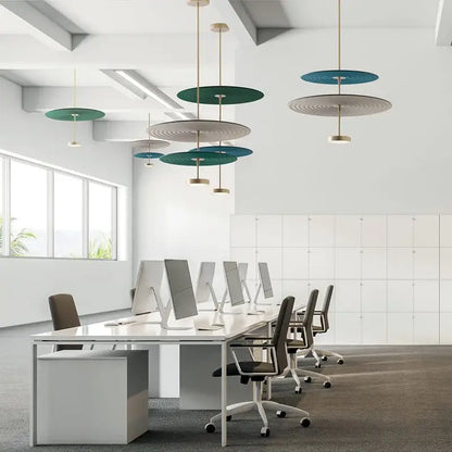 Modern tiered maroon and teal decorbites dimmable cotton chandelier with circular pendant lights and gold fixtures for living room decor
