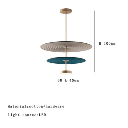 Modern tiered dimmable cotton chandelier in maroon and teal with concentric discs and brass rod for living room decorbites dimmable