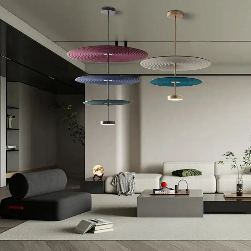 Modern tiered maroon and teal dimmable cotton chandelier with vibrant pink blue teal and white circular pendant lights decorbites dimmable cotton