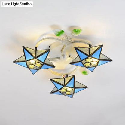 DecorBites™ Modern Tiffany Stained Glass Flush Mount Ceiling Light with 3 Star-Shaped Heads in Vibrant Multicolor