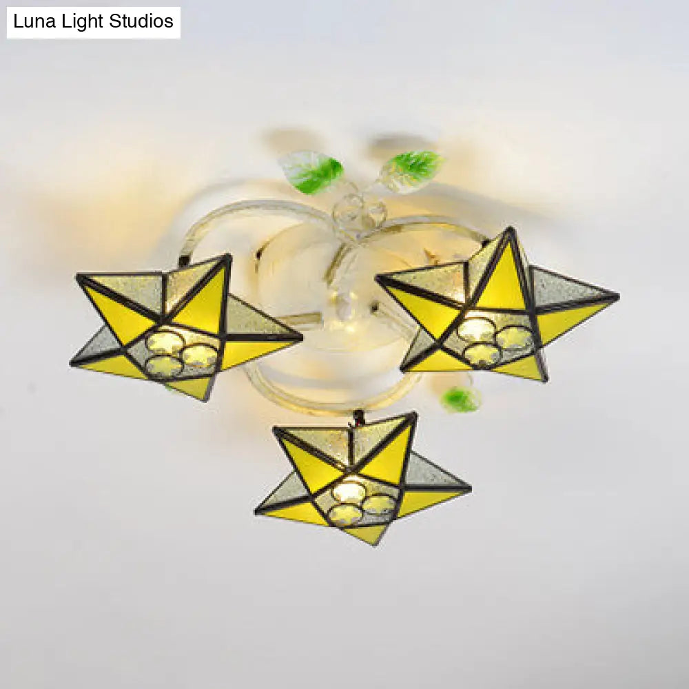 DecorBites™ Modern Tiffany Stained Glass Flush Mount Ceiling Light with 3 Star-Shaped Heads in Vibrant Multicolor