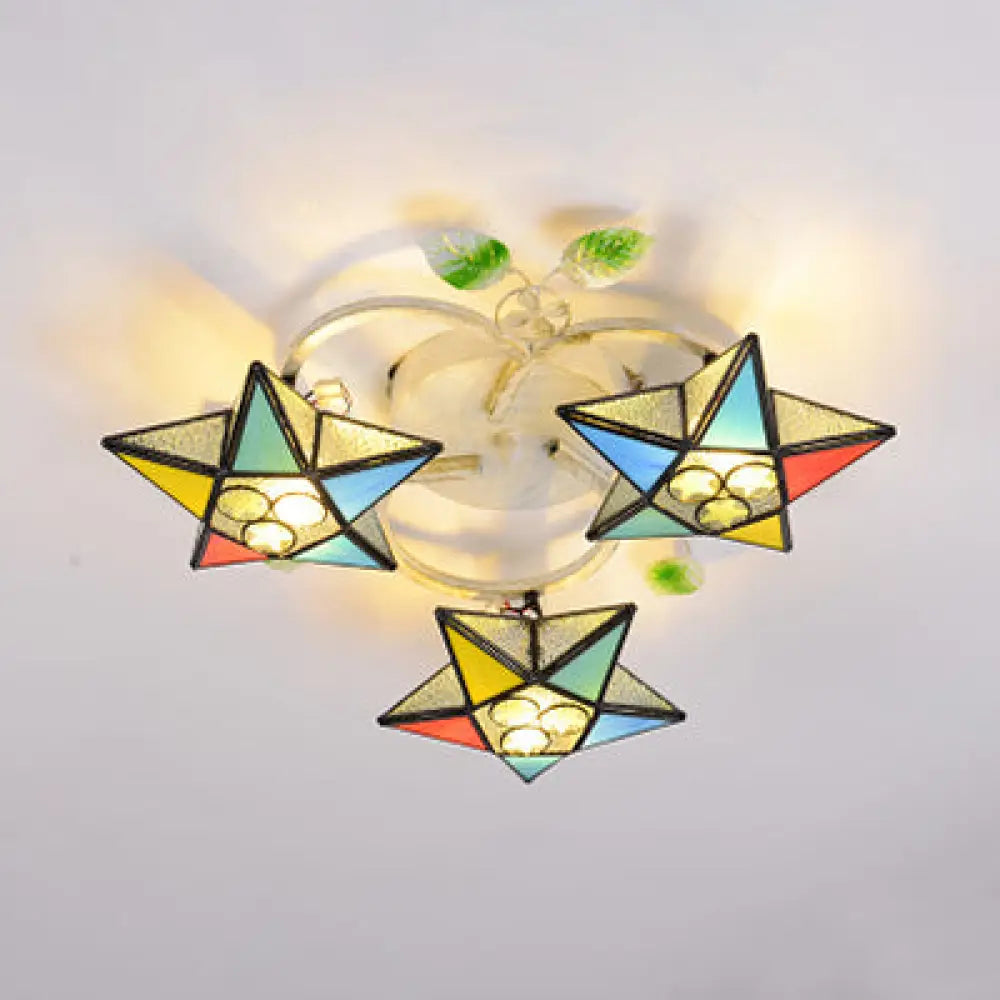 DecorBites™ Modern Tiffany Stained Glass Flush Mount Ceiling Light with 3 Star-Shaped Heads in Vibrant Multicolor