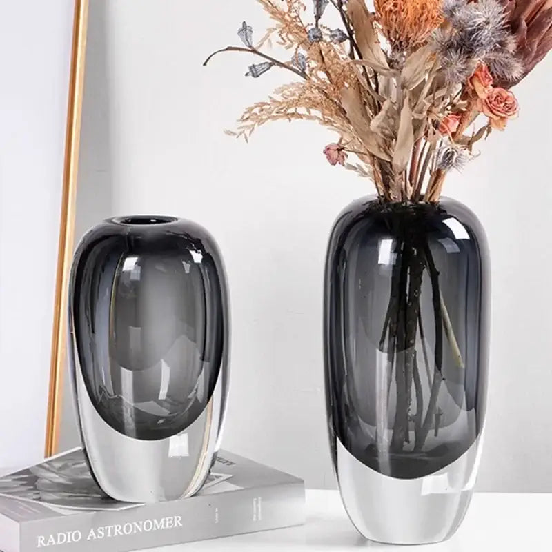 Two modern translucent black crystal glass flower vases with glossy finish for decorbites crystal glass living room set