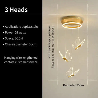 Gold-toned modern translucent butterfly staircase pendant lights with three butterfly-shaped pendants for stairwell decorbites decor