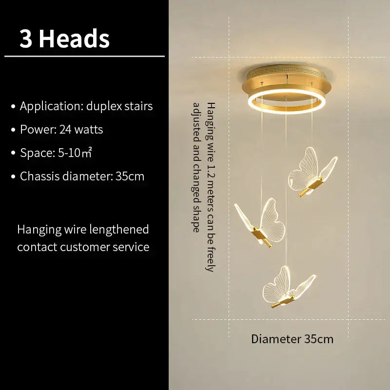 Gold-toned modern translucent butterfly staircase pendant lights with three butterfly-shaped pendants for stairwell decorbites decor