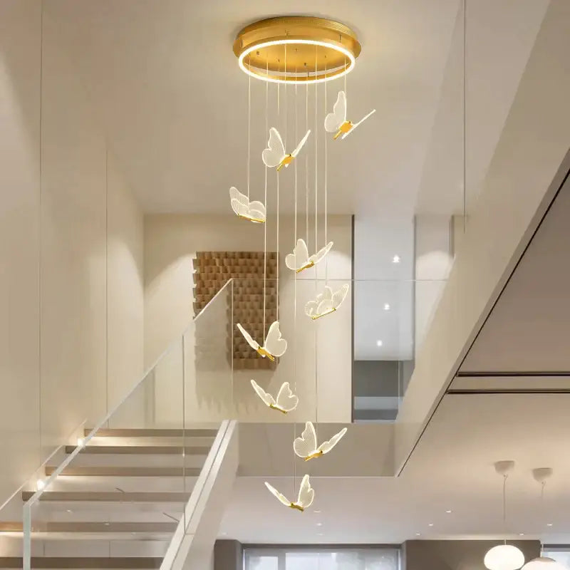 Modern golden circular pendant lights with translucent white butterfly staircase pendants for stairwell decorbites decor