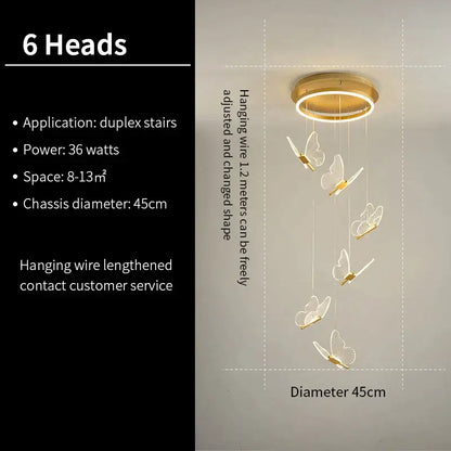 Gold-toned pendant lights with six illuminated butterfly-shaped pendants from decorbites butterfly staircase pendant collection