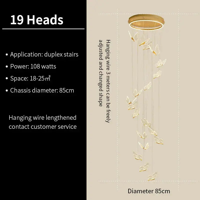 A modern pendant lights fixture with 19 golden butterfly staircase pendant lights on a brass-toned ceiling mount