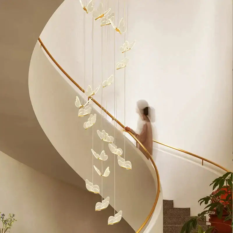 Elegant white translucent butterfly staircase pendant lights with gold accents for modern stairwell decorbites butterfly staircase decor