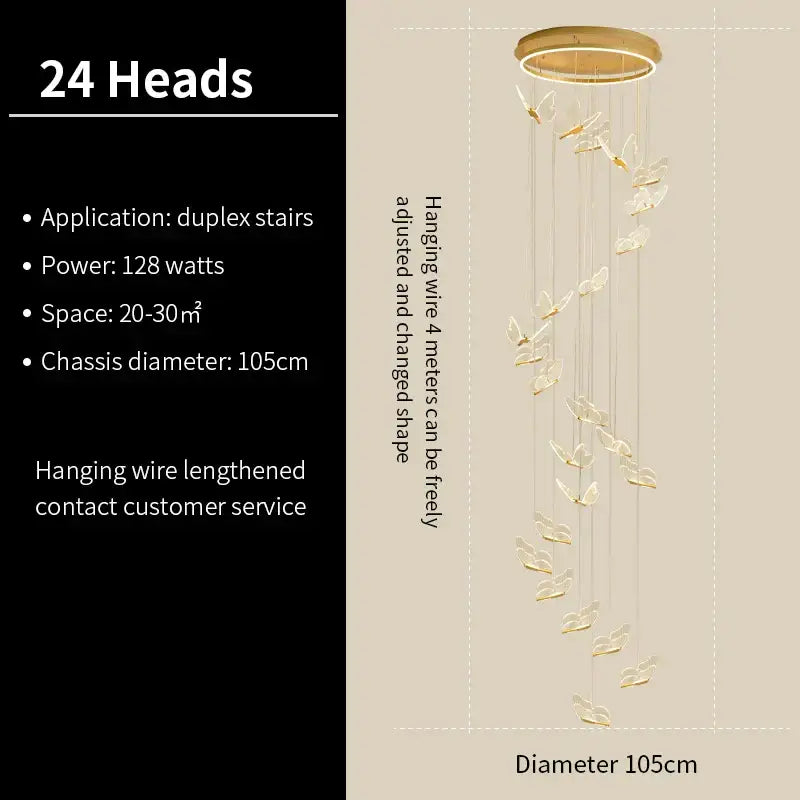 Modern translucent butterfly staircase pendant lights with 24 golden butterfly-shaped lights on brass fixture decorbites butterfly staircase pendant