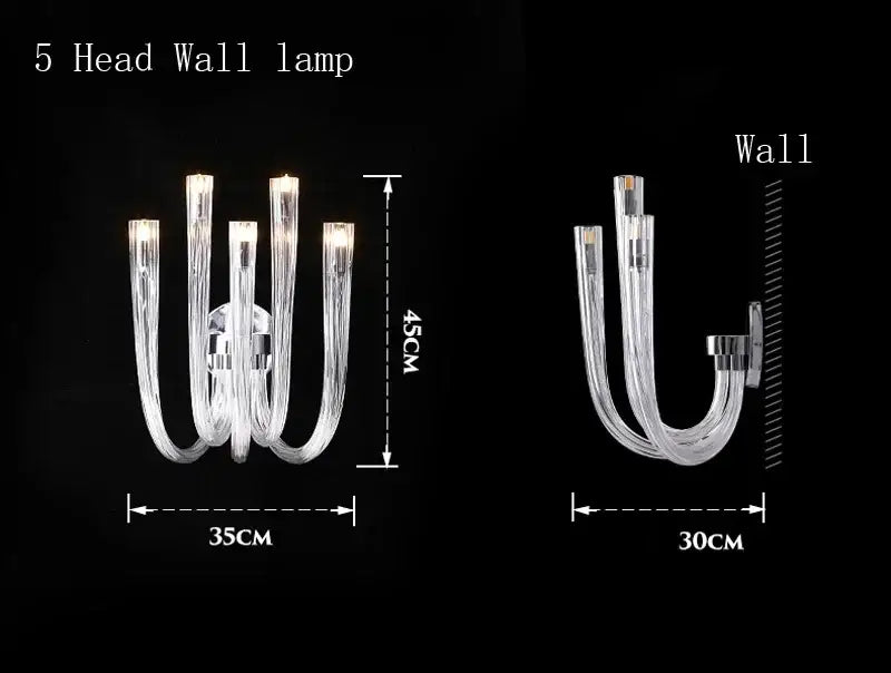 Modern transparent glass chandelier led hanging light with five curved arms and central metallic fixture for dining room