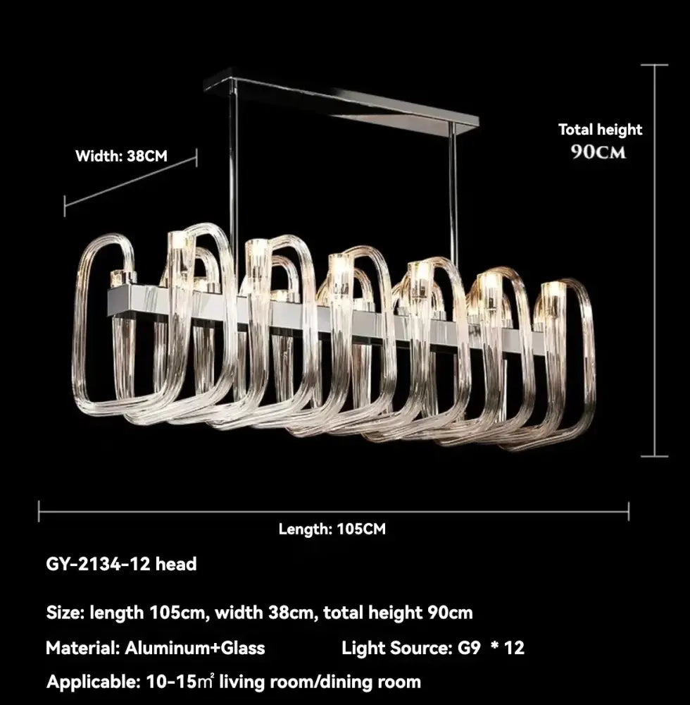 Modern transparent glass chandelier led hanging light with twelve curved arms and chrome aluminum frame for dining room