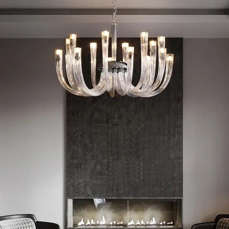 Modern transparent glass chandelier led with clear curved glass arms and central chrome fixture for dining room lighting