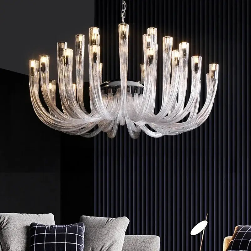 Modern transparent glass chandelier led hanging light with curved arms and multiple illuminated bulbs for dining room