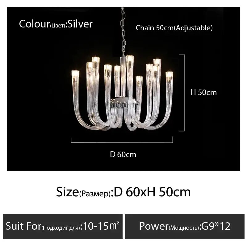 Modern transparent glass chandelier led hanging light with clear glass arms and 12 bulbs for dining room use