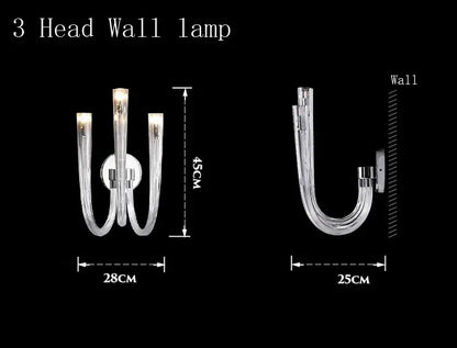 Modern transparent glass chandelier led with three clear glass heads and chrome accents for dining room lighting