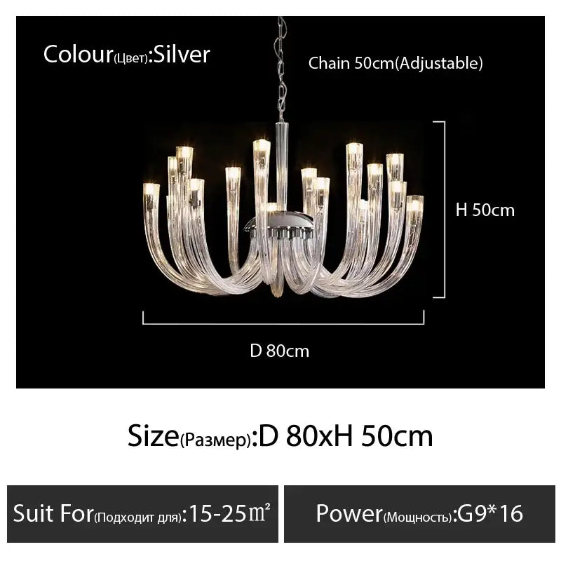 Silver modern transparent glass chandelier led with clear curved glass arms and central metallic fixture for dining room