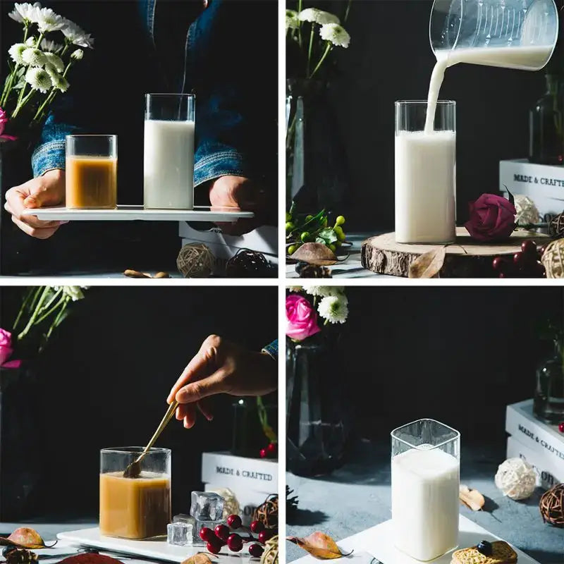 Clear glass cup filled with white milk showing a modern transparent glass square measuring cup for kitchen use