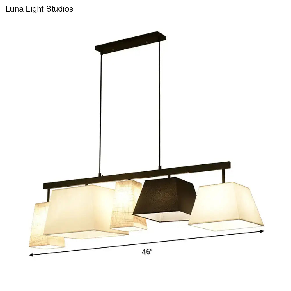 Modern black metal hanging lamp with five cream and dark brown trapezoid fabric shades for contemporary island light
