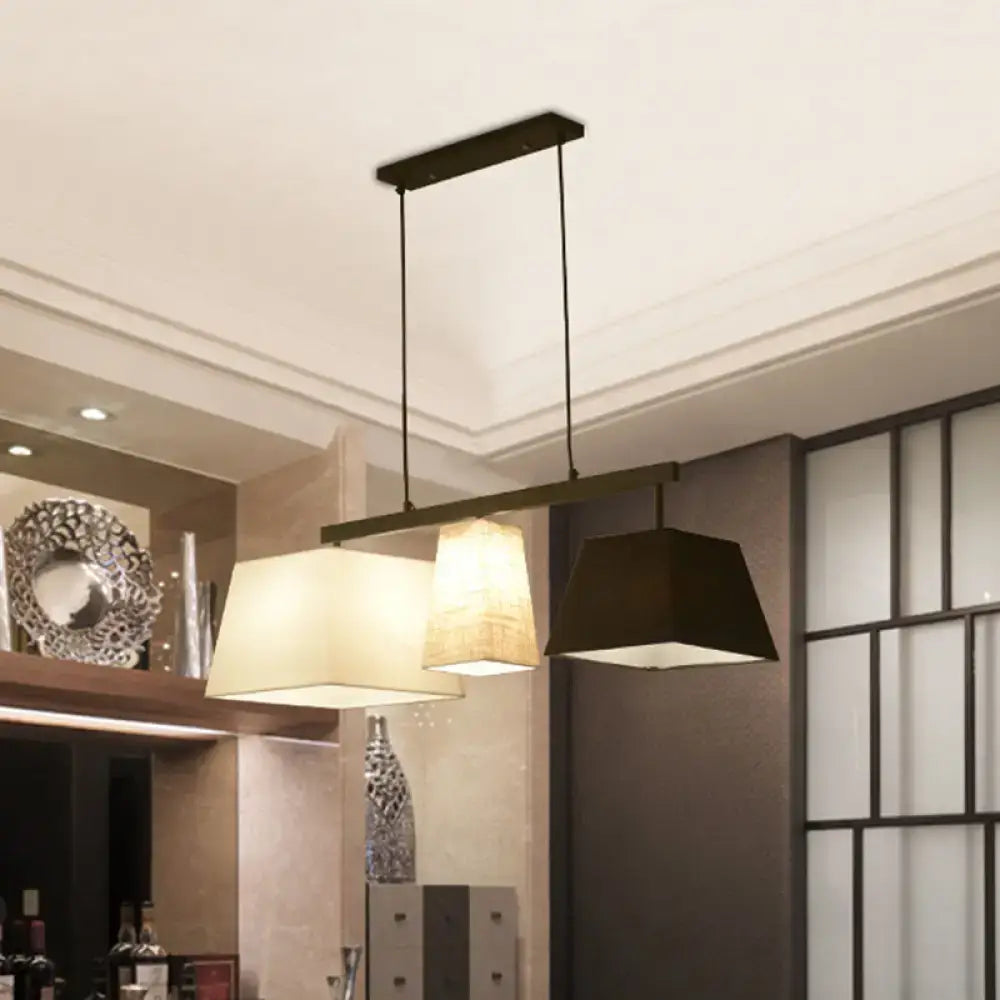 Modern rectangular pendant hanging lamp with off-white beige and black fabric lampshades for island light use