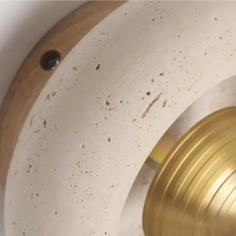 Cream-colored travertine and walnut decorbites led ceiling lamp with wood edge and gold-toned metallic bell